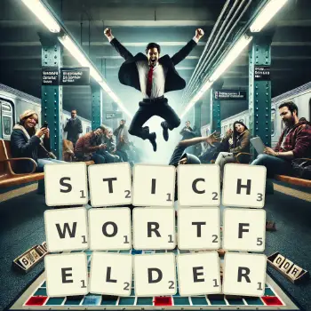 Kreative Illustration für ein Scrabble-Spiel, bei dem das Wort STICHWORTFELDER mit Steinen auf dem Brett gelegt wurde.