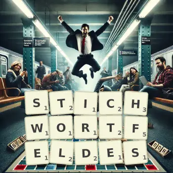 Kreative Illustration für ein Scrabble-Spiel, bei dem das Wort STICHWORTFELDES mit Steinen auf dem Brett gelegt wurde.