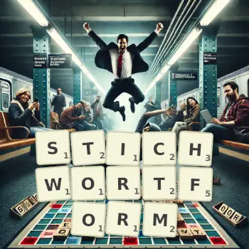 Kreative Illustration für ein Scrabble-Spiel, bei dem das Wort STICHWORTFORM mit Steinen auf dem Brett gelegt wurde.