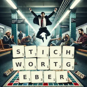Kreative Illustration für ein Scrabble-Spiel, bei dem das Wort STICHWORTGEBER mit Steinen auf dem Brett gelegt wurde.