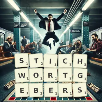 Kreative Illustration für ein Scrabble-Spiel, bei dem das Wort STICHWORTGEBERS mit Steinen auf dem Brett gelegt wurde.