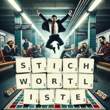 Kreative Illustration für ein Scrabble-Spiel, bei dem das Wort STICHWORTLISTE mit Steinen auf dem Brett gelegt wurde.