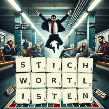Kreative Illustration für ein Scrabble-Spiel, bei dem das Wort STICHWORTLISTEN mit Steinen auf dem Brett gelegt wurde.