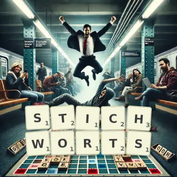 Kreative Illustration für ein Scrabble-Spiel, bei dem das Wort STICHWORTS mit Steinen auf dem Brett gelegt wurde.