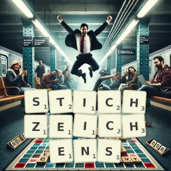 Kreative Illustration für ein Scrabble-Spiel, bei dem das Wort STICHZEICHENS mit Steinen auf dem Brett gelegt wurde.