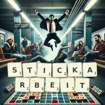 Kreative Illustration für ein Scrabble-Spiel, bei dem das Wort STICKARBEIT mit Steinen auf dem Brett gelegt wurde.