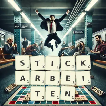 Kreative Illustration für ein Scrabble-Spiel, bei dem das Wort STICKARBEITEN mit Steinen auf dem Brett gelegt wurde.
