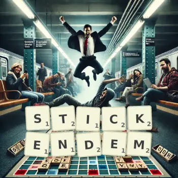 Kreative Illustration für ein Scrabble-Spiel, bei dem das Wort STICKENDEM mit Steinen auf dem Brett gelegt wurde.