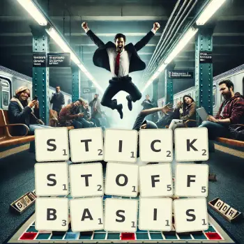 Kreative Illustration für ein Scrabble-Spiel, bei dem das Wort STICKSTOFFBASIS mit Steinen auf dem Brett gelegt wurde.