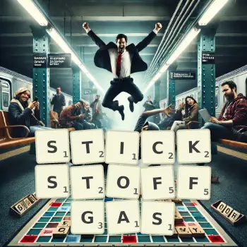 Kreative Illustration für ein Scrabble-Spiel, bei dem das Wort STICKSTOFFGAS mit Steinen auf dem Brett gelegt wurde.