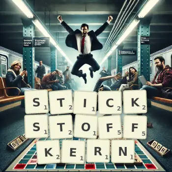 Kreative Illustration für ein Scrabble-Spiel, bei dem das Wort STICKSTOFFKERN mit Steinen auf dem Brett gelegt wurde.