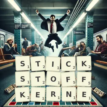 Kreative Illustration für ein Scrabble-Spiel, bei dem das Wort STICKSTOFFKERNE mit Steinen auf dem Brett gelegt wurde.