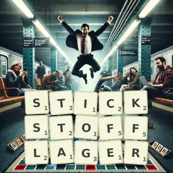 Kreative Illustration für ein Scrabble-Spiel, bei dem das Wort STICKSTOFFLAGER mit Steinen auf dem Brett gelegt wurde.