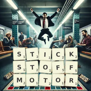 Kreative Illustration für ein Scrabble-Spiel, bei dem das Wort STICKSTOFFMOTOR mit Steinen auf dem Brett gelegt wurde.