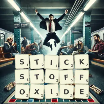 Kreative Illustration für ein Scrabble-Spiel, bei dem das Wort STICKSTOFFOXIDE mit Steinen auf dem Brett gelegt wurde.