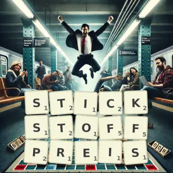 Kreative Illustration für ein Scrabble-Spiel, bei dem das Wort STICKSTOFFPREIS mit Steinen auf dem Brett gelegt wurde.