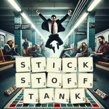 Kreative Illustration für ein Scrabble-Spiel, bei dem das Wort STICKSTOFFTANK mit Steinen auf dem Brett gelegt wurde.