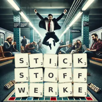 Kreative Illustration für ein Scrabble-Spiel, bei dem das Wort STICKSTOFFWERKE mit Steinen auf dem Brett gelegt wurde.