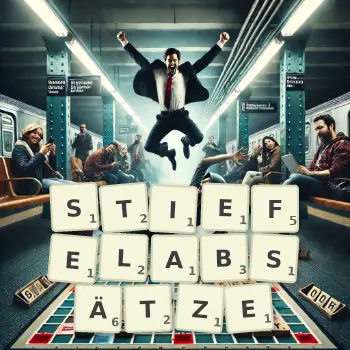 Kreative Illustration für ein Scrabble-Spiel, bei dem das Wort STIEFELABSÄTZE mit Steinen auf dem Brett gelegt wurde.