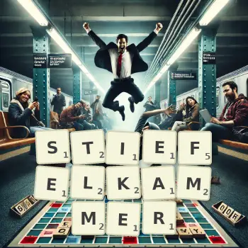 Kreative Illustration für ein Scrabble-Spiel, bei dem das Wort STIEFELKAMMER mit Steinen auf dem Brett gelegt wurde.