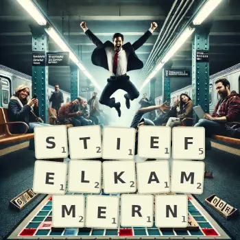 Kreative Illustration für ein Scrabble-Spiel, bei dem das Wort STIEFELKAMMERN mit Steinen auf dem Brett gelegt wurde.