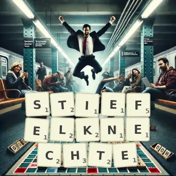 Kreative Illustration für ein Scrabble-Spiel, bei dem das Wort STIEFELKNECHTE mit Steinen auf dem Brett gelegt wurde.