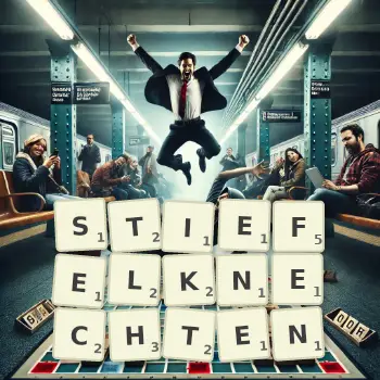Kreative Illustration für ein Scrabble-Spiel, bei dem das Wort STIEFELKNECHTEN mit Steinen auf dem Brett gelegt wurde.