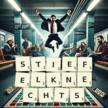 Kreative Illustration für ein Scrabble-Spiel, bei dem das Wort STIEFELKNECHTS mit Steinen auf dem Brett gelegt wurde.