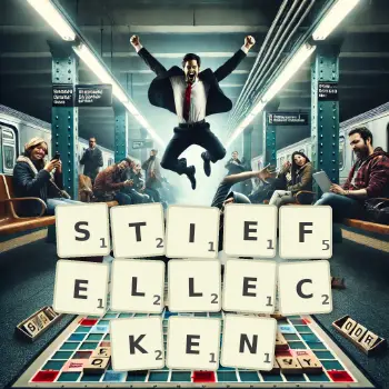 Kreative Illustration für ein Scrabble-Spiel, bei dem das Wort STIEFELLECKEN mit Steinen auf dem Brett gelegt wurde.
