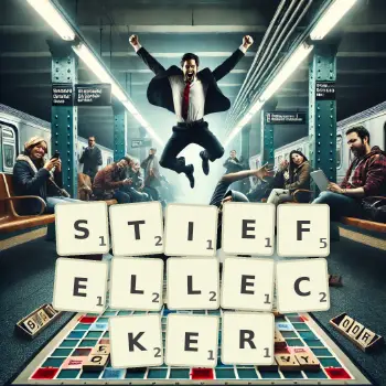 Kreative Illustration für ein Scrabble-Spiel, bei dem das Wort STIEFELLECKER mit Steinen auf dem Brett gelegt wurde.