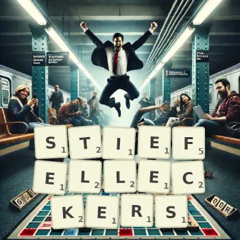 Kreative Illustration für ein Scrabble-Spiel, bei dem das Wort STIEFELLECKERS mit Steinen auf dem Brett gelegt wurde.
