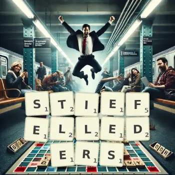 Kreative Illustration für ein Scrabble-Spiel, bei dem das Wort STIEFELLEDERS mit Steinen auf dem Brett gelegt wurde.