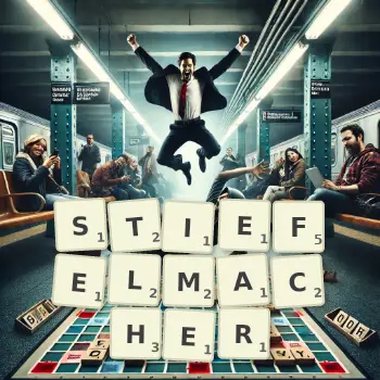 Kreative Illustration für ein Scrabble-Spiel, bei dem das Wort STIEFELMACHER mit Steinen auf dem Brett gelegt wurde.