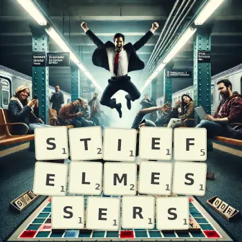 Kreative Illustration für ein Scrabble-Spiel, bei dem das Wort STIEFELMESSERS mit Steinen auf dem Brett gelegt wurde.
