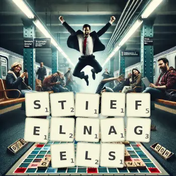 Kreative Illustration für ein Scrabble-Spiel, bei dem das Wort STIEFELNAGELS mit Steinen auf dem Brett gelegt wurde.