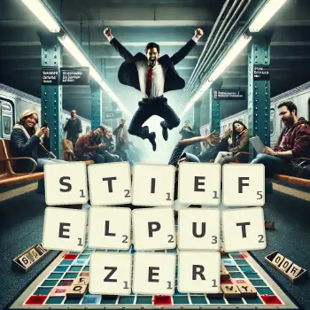 Kreative Illustration für ein Scrabble-Spiel, bei dem das Wort STIEFELPUTZER mit Steinen auf dem Brett gelegt wurde.