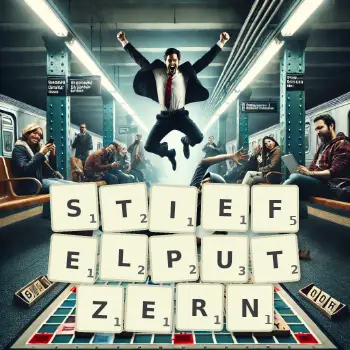 Kreative Illustration für ein Scrabble-Spiel, bei dem das Wort STIEFELPUTZERN mit Steinen auf dem Brett gelegt wurde.