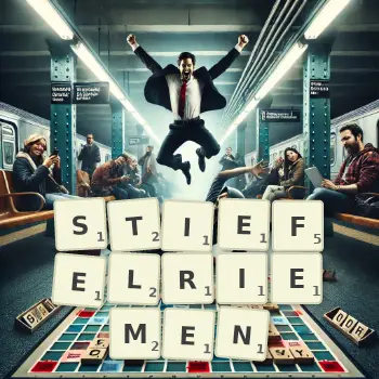 Kreative Illustration für ein Scrabble-Spiel, bei dem das Wort STIEFELRIEMEN mit Steinen auf dem Brett gelegt wurde.