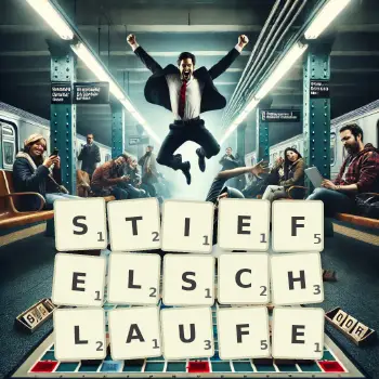 Kreative Illustration für ein Scrabble-Spiel, bei dem das Wort STIEFELSCHLAUFE mit Steinen auf dem Brett gelegt wurde.