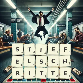 Kreative Illustration für ein Scrabble-Spiel, bei dem das Wort STIEFELSCHRITTE mit Steinen auf dem Brett gelegt wurde.