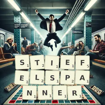 Kreative Illustration für ein Scrabble-Spiel, bei dem das Wort STIEFELSPANNER mit Steinen auf dem Brett gelegt wurde.