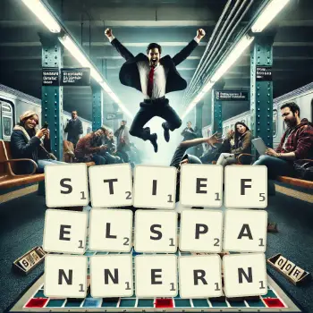 Kreative Illustration für ein Scrabble-Spiel, bei dem das Wort STIEFELSPANNERN mit Steinen auf dem Brett gelegt wurde.