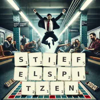 Kreative Illustration für ein Scrabble-Spiel, bei dem das Wort STIEFELSPITZEN mit Steinen auf dem Brett gelegt wurde.