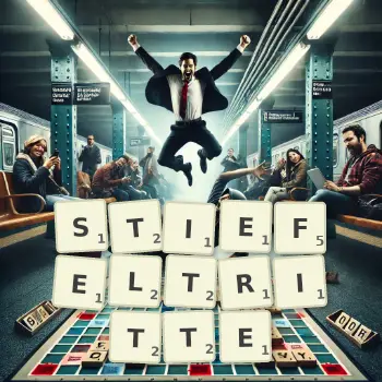 Kreative Illustration für ein Scrabble-Spiel, bei dem das Wort STIEFELTRITTE mit Steinen auf dem Brett gelegt wurde.