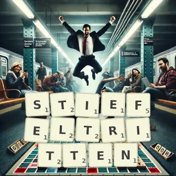 Kreative Illustration für ein Scrabble-Spiel, bei dem das Wort STIEFELTRITTEN mit Steinen auf dem Brett gelegt wurde.