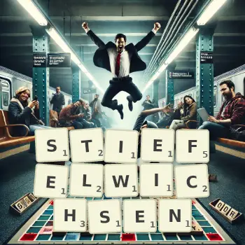 Kreative Illustration für ein Scrabble-Spiel, bei dem das Wort STIEFELWICHSEN mit Steinen auf dem Brett gelegt wurde.