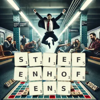 Kreative Illustration für ein Scrabble-Spiel, bei dem das Wort STIEFENHOFENS mit Steinen auf dem Brett gelegt wurde.