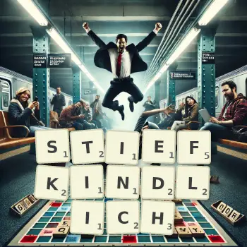 Kreative Illustration für ein Scrabble-Spiel, bei dem das Wort STIEFKINDLICH mit Steinen auf dem Brett gelegt wurde.
