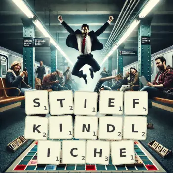 Kreative Illustration für ein Scrabble-Spiel, bei dem das Wort STIEFKINDLICHE mit Steinen auf dem Brett gelegt wurde.