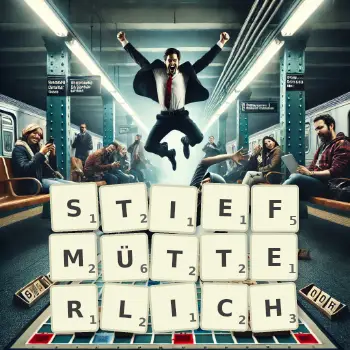 Kreative Illustration für ein Scrabble-Spiel, bei dem das Wort STIEFMÜTTERLICH mit Steinen auf dem Brett gelegt wurde.